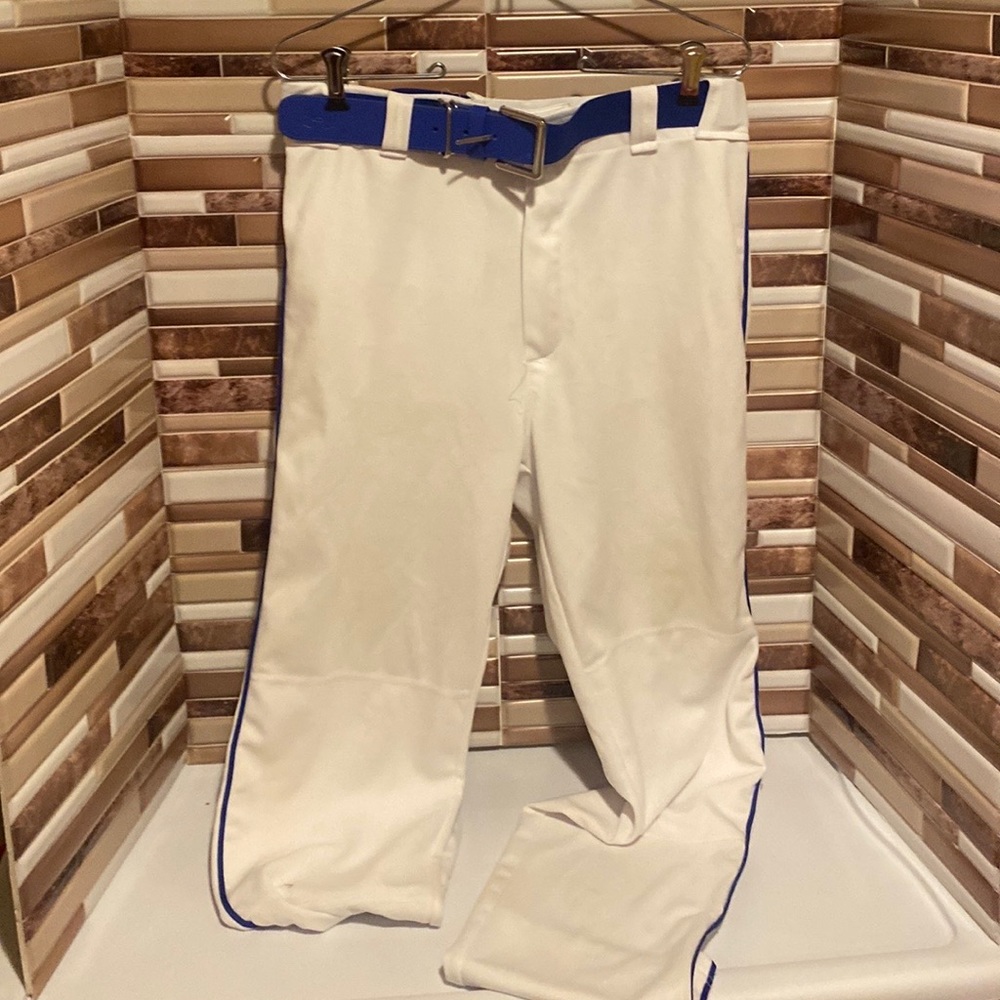 White with  Royal blue piping men’s baseball pants